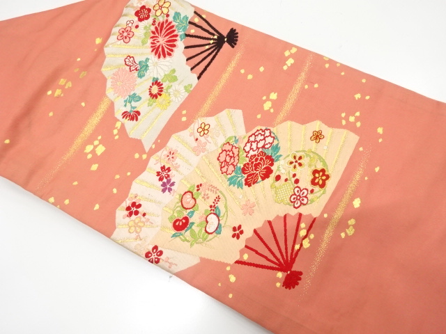 JAPANESE KIMONO / ANTIQUE NAGOYA OBI / SILK / WOVEN FAN & FLOWER